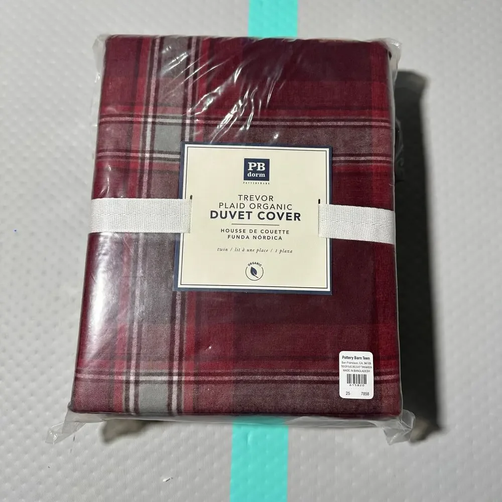 Pottery Barn‎ Dorm PB Trevor Plaid Organic Duvet Cover Twin Red New